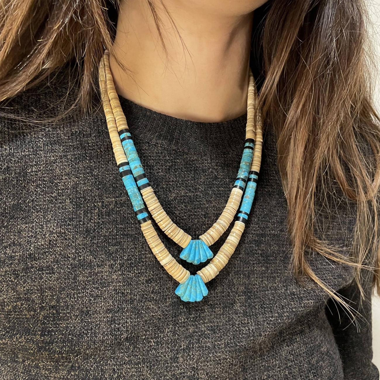 CO08 Harpo turquoise and shell heishi beads necklace