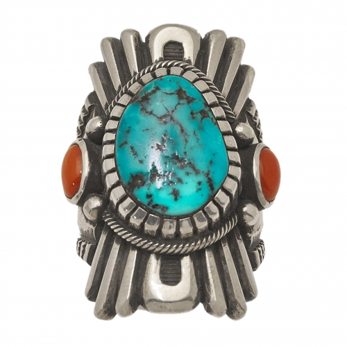 Bague BA1336 turquoise, corail et argent massif - Harpo Paris