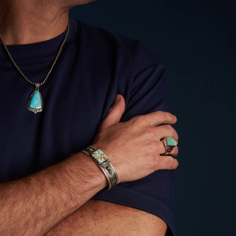 Bracelet Navajo pour homme en pierre turquoise et argent mat BR833 - Harpo Paris