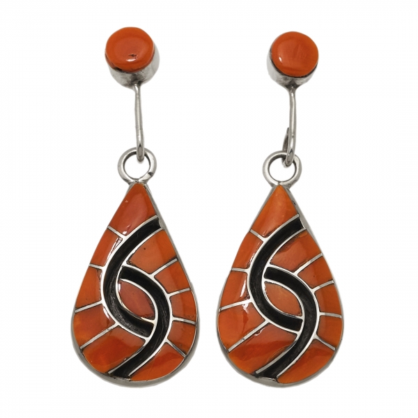 Coral and silver inlay Zuni earrings -Harpo Paris