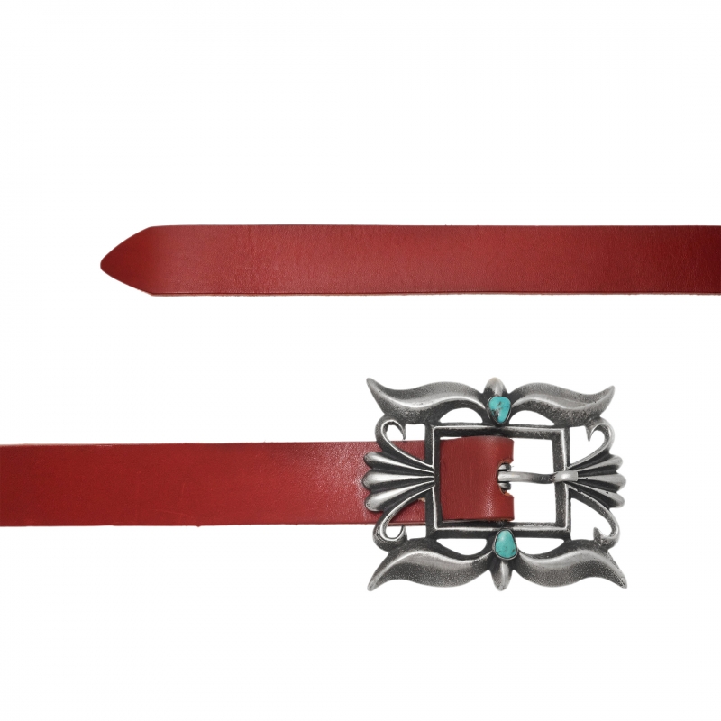 Boucle de ceinture en argent massif suir cuir de ceinture rouge CC20 - Harpo Paris