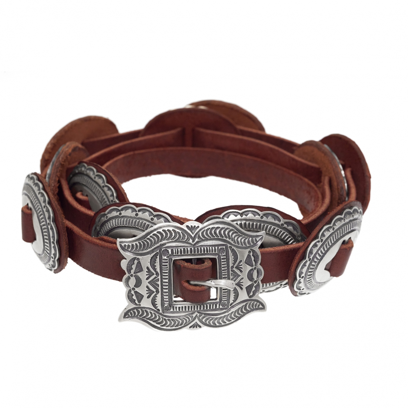 Ceinture concho en argent mat et cuir marron - Harpo Paris