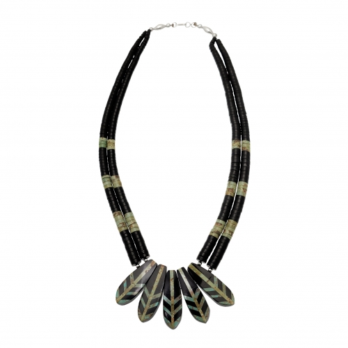 Black-jet and turquoise necklace, humming bird feathers CO240 - Harpo Paris