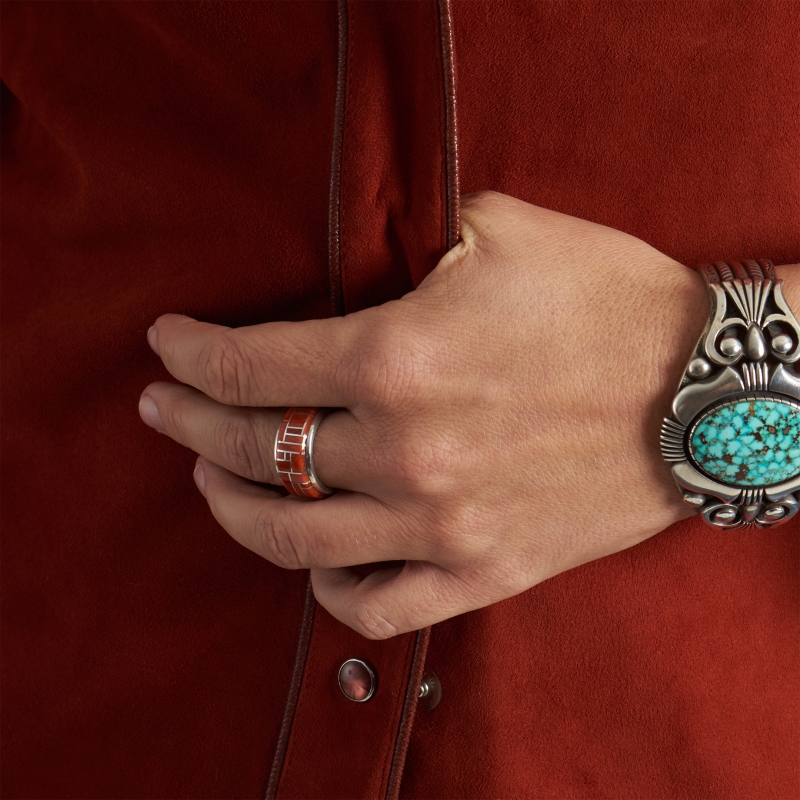 Coral inlaid ring on silver, BA76 - Harpo Paris