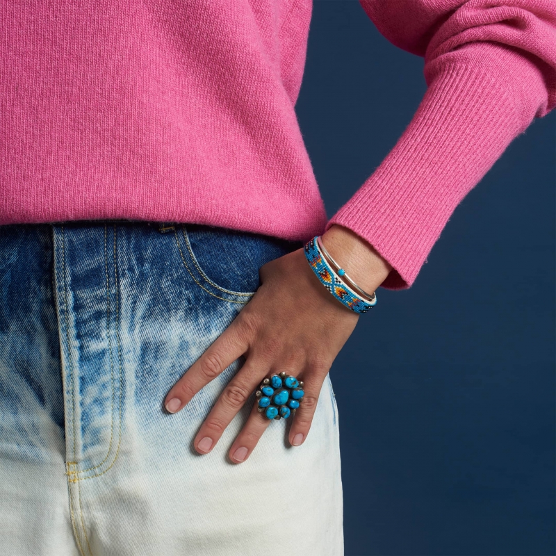 Bague Fleur turquoises et argent mat oxydé BA1563 - Harpo Paris