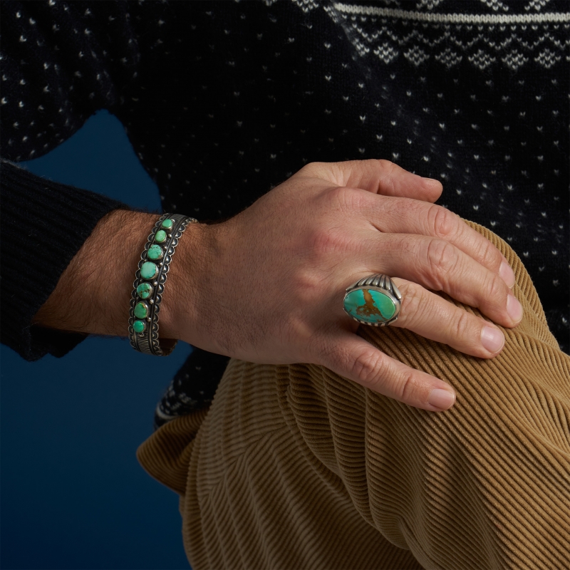 Navajo bracelet BR316 for men in turquoise and mat silver - Harpo Paris