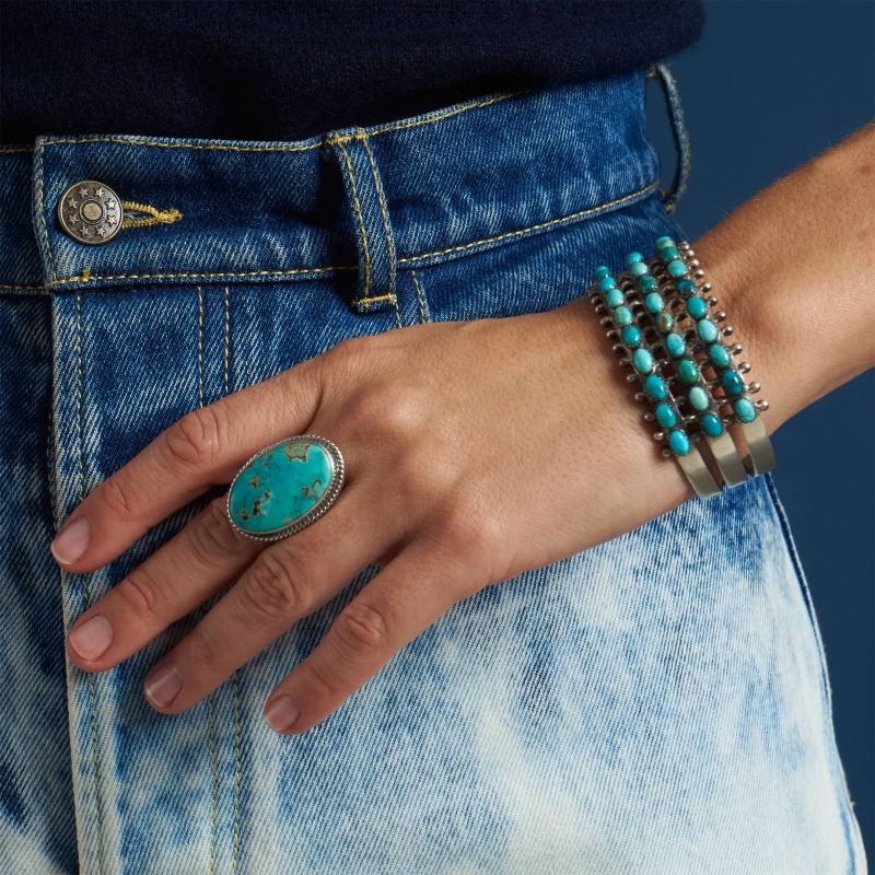 Bracelet Navajo en turquoises véritables et argent massif mat - Harpo Paris