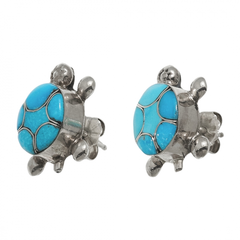 BO422 boucles d'oreilles marqueterie turquoise et argent - Harpo Paris