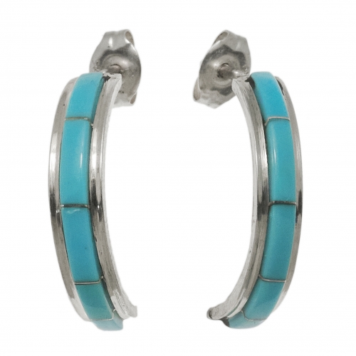 Turquoise inlay and silver earrings BO429 - Harpo Paris