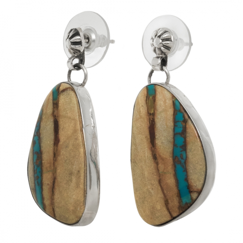 Boucles d'oreilles turquoise cerclées d'argent massif  BO461 - Harpo Paris