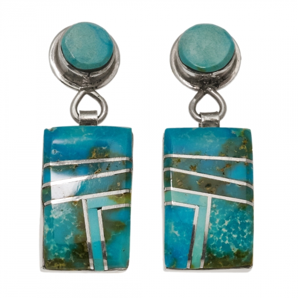 Turquoise and silver inlay Zuni earrings BO442 - Harpo Paris