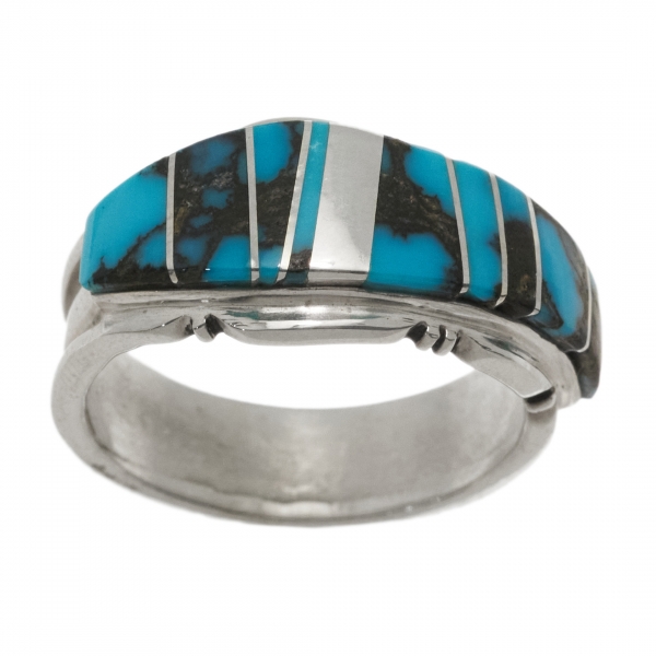 Turquoise and silver marquetry ring for men BA1606 - Harpo Paris