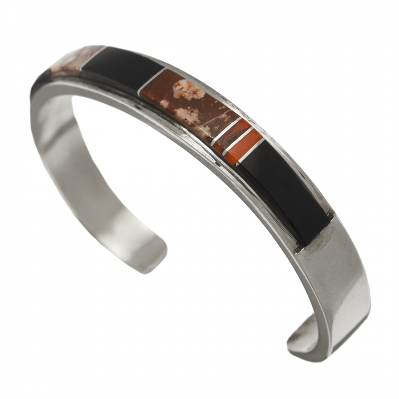 Bracelet inlaid with jet, coral and white horse on sterling silver BR898 - Harpo Paris