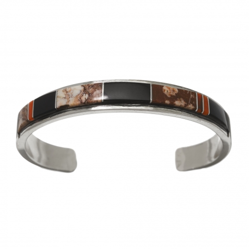 Bracelet marqueté de jais, corail et white horse sur argent massif BR898 - Harpo Paris