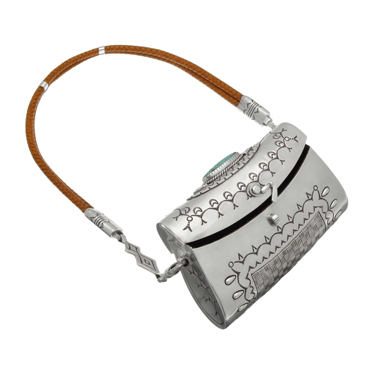 Incredible Navajo Mat Silver Purse with Diamond Turquoise and double  Leather braided strap.